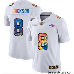 Stylish Baltimore Ravens 8 Lamar Jackson White Nike Multi Color 2020 NFL Crucial Catch Limited NFL Jersey
