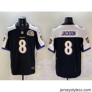 Stylish Baltimore Ravens 8 Lamar Jackson Black White 2023 F.U.S.E With Patch Throwback Vapor Limited Jersey