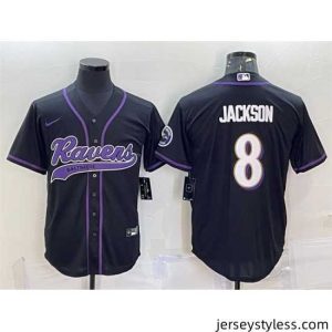 Premium Baltimore Ravens 8 Lamar Jackson Black With Patch Cool Base Stitched Baseball Jersey