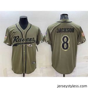 Stunning Baltimore Ravens 8 Lamar Jackson Olive 2022 Salute To Service Cool Base Stitched Baseball Jersey