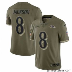 Gorgeous Baltimore Ravens 8 Lamar Jackson Olive 2022 Salute To Service Limited Stitched Jersey