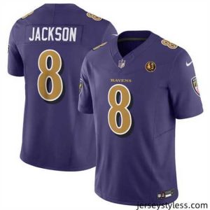 Gorgeous Baltimore Ravens 8 Lamar Jackson Purple 2023 F.U.S.E  With John Madden Patch Color Rush Limited Stitched Football Jersey