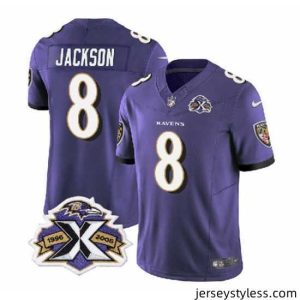 Gorgeous Baltimore Ravens 8 Lamar Jackson Purple 2023 F.U.S.E With Patch Throwback Vapor Limited Jersey