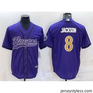 Unique Baltimore Ravens 8 Lamar Jackson Purple Gold With Patch Cool Base Stitched Baseball Jersey