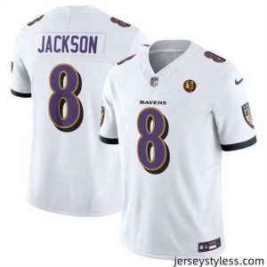 Amazing Baltimore Ravens 8 Lamar Jackson White 2023 F.U.S.E  With John Madden Patch Vapor Limited Football Jersey