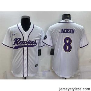 Unique Baltimore Ravens 8 Lamar Jackson White With Patch Cool Base Stitched Baseball Jersey
