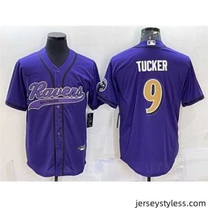 Fantastic Baltimore Ravens 9 Justin Tucker Purple Gold With Patch Cool Base Stitched Baseball Jersey