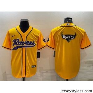Amazing Baltimore Ravens Yellow Team Big Logo With Patch Cool Base Stitched Baseball Jersey