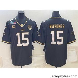 Amazing Kansas City Chiefs 15 Patrick Mahomes Black Gold Super Bowl LVII Patch And 4 Star C Patch Vapor Untouchable Limited Stitched Jersey