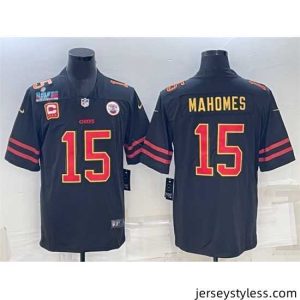Unique Kansas City Chiefs 15 Patrick Mahomes Black Red Gold Super Bowl LVII Patch And 4 Star C Patch Vapor Untouchable Limited Stitched Jersey