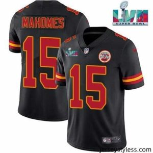 Stunning Kansas City Chiefs 15 Patrick Mahomes Black Super Bowl LVII Patch Vapor Untouchable Limited Stitched Jersey