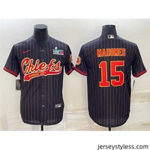 Unique Kansas City Chiefs 15 Patrick Mahomes Black With Super Bowl LVII Patch Cool Base Stitched Baseball Jersey