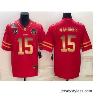 Premium Kansas City Chiefs 15 Patrick Mahomes Red Gold Super Bowl LVII Patch And 4 Star C Patch Vapor Untouchable Limited Stitched Jersey