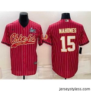 Stylish Kansas City Chiefs 15 Patrick Mahomes Red With Super Bowl LVII Patch Cool Base Stitched Baseball Jersey