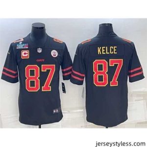 Stylish Kansas City Chiefs 87 Travis Kelce Black Red Gold Super Bowl LVII Patch And 4 Star C Patch Vapor Untouchable Limited Stitched Jersey