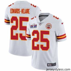 Premium Nike Kansas City Chiefs 25 Clyde Edwards Helaire White Bound Stitched NFL Vapor Untouchable Limited 2024 Super Bowl LVIII Jersey