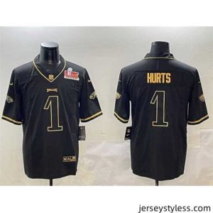 Impressive Philadelphia Eagles 1 Jalen Hurts Black Gold 2025 Super Bowl LIX Patch Salute To Service Vapor Untouchable Limited Stitched Football Jersey