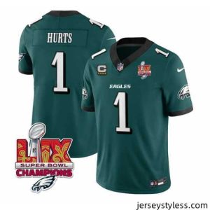 Fantastic Philadelphia Eagles 1 Jalen Hurts Green 2025 Eagles Logo Super Bowl LIX Patch With 4 Star C Patch New F.U.S.E  Vapor Untouchable Limited Stitched Footb
