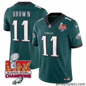 Amazing Philadelphia Eagles 11 A J  Brown Green 2025 Eagles Logo Super Bowl LIX Patch New F.U.S.E  Vapor Untouchable Limited Stitched Football Jersey