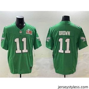 Impressive Philadelphia Eagles 11 A J  Brown Green 2025 Super Bowl LIX Patch F.U.S.E  Throwback Vapor Untouchable Limited Stitched Football Jersey