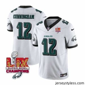 Stylish Philadelphia Eagles 12 Randall Cunningham White 2025 Eagles Logo Super Bowl LIX Patch New F.U.S.E  Vapor Limited Stitched Football Jersey