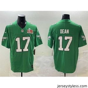 Impressive Philadelphia Eagles 17 Nakobe Dean Green 2025 Super Bowl LIX Patch F.U.S.E  Throwback Vapor Untouchable Limited Stitched Football Jersey