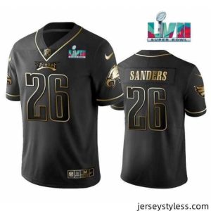 Stunning Philadelphia Eagles 26 Miles Sanders Black Golden Super Bowl LVII Patch Edition Stitched Football Jersey