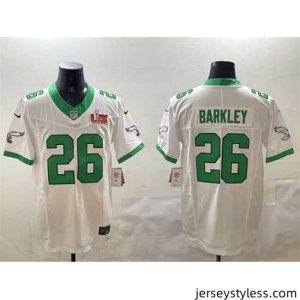Impressive Philadelphia Eagles 26 Saquon Barkley White 2025 Super Bowl LIX Patch F.U.S.E  Vapor Untouchable Limited Stitched Football Jersey