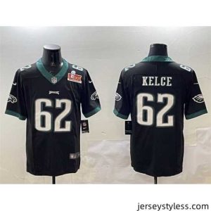 Fantastic Philadelphia Eagles 62 Jason Kelce Black 2025 Super Bowl LIX Patch Vapor Untouchable Limited Stitched Football Jersey