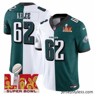 Unique Philadelphia Eagles 62 Jason Kelce White Green Split 2025 Super Bowl LIX Patch F.U.S.E  Vapor Untouchable Limited Stitched Football Jersey