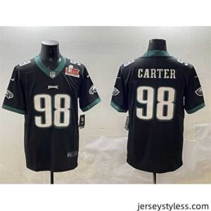 Fantastic Philadelphia Eagles 98 Jalen Carter Black 2025 Super Bowl LIX Patch Vapor Untouchable Limited Stitched Football Jersey
