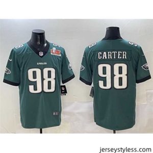 Stunning Philadelphia Eagles 98 Jalen Carter Green 2025 Super Bowl LIX Patch New Vapor Untouchable Limited Stitched Football Jersey