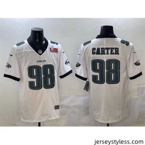 Amazing Philadelphia Eagles 98 Jalen Carter White 2025 Super Bowl LIX Patch New Vapor Untouchable Limited Stitched Football Jersey