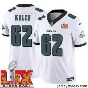 Unique Philadelphia Eagles Jason Kelce #62 White 2024 2025 Super Bowl LIX F.U.S.E Stitched NFL Jersey