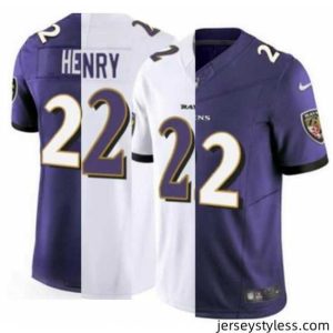 Stylish Men's Baltimore Ravens #22 Derrick Henry 2023 Purple White Split Vapor Limited Football Stitched Jersey