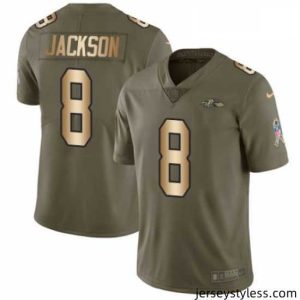 Unique Mens Nike Baltimore Ravens 8 Lamar Jackson Limited OliveGold Salute to Service NFL Jersey