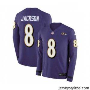 Stylish Mens Nike Baltimore Ravens 8 Lamar Jackson Limited Purple Therma Long Sleeve NFL Jersey