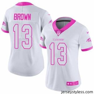 Impressive Nike Ravens #13 John Brown White Pink Womens Stitched NFL Limited Rush Fashion Jersey
