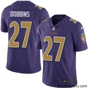 Stylish Nike Ravens 27 J K  Dobbins Purple Stitched NFL Limited Rush Jersey