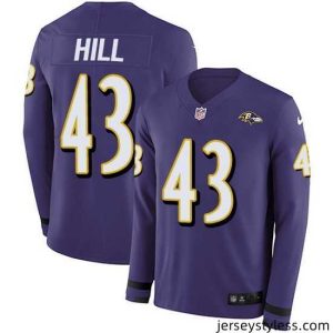 Fantastic Nike Ravens 43 Justice Hill Purple Team Color Stitched NFL Limited Therma Long Sleeve Jersey