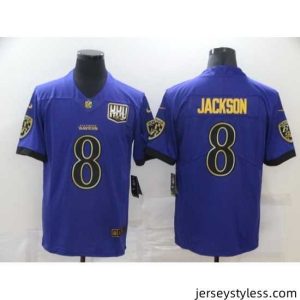 Premium Nike Ravens 8 Lamar Jackson Purple Gold Vapor Untouchable Limited Jersey