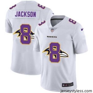 Fantastic Nike Ravens 8 Lamar Jackson White Shadow Logo Limited Jersey