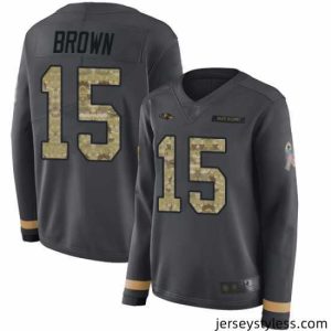 Stylish Ravens 15 Marquise Brown Anthracite Salute to Service Stitched Football Limited Therma Long Sleeve Jersey