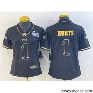 Impressive Philadelphia Eagles 1 Jalen Hurts Black Golden Edition Super Bowl LVII Patch Stitched Football Jersey