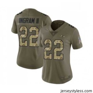 Stylish Womens Baltimore Ravens 22 Mark Ingram II Limited Olive Camo Salute to Service Football Jersey