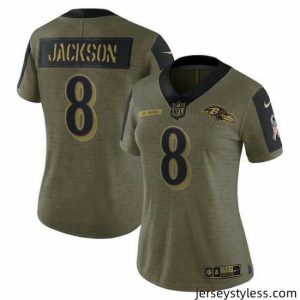 Premium Women's Baltimore Ravens Lamar Jackson Nike Olive 2021 Salute To Service Limited Player Jersey