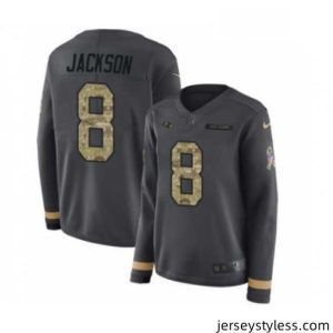 Premium Womens Nike Baltimore Ravens 8 Lamar Jackson Limited Black Salute to Service Therma Long Sleeve NFL Jersey