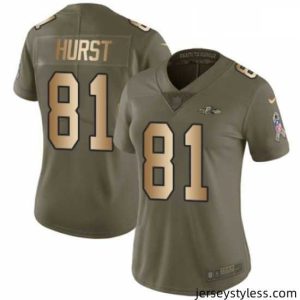 Gorgeous Womens Nike Baltimore Ravens 81 Hayden Hurst Limited Olive Gold Salute to Service NFL Jersey