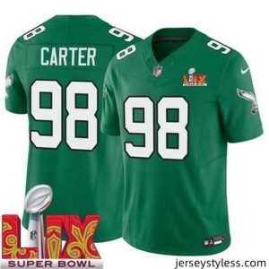Impressive Philadelphia Eagles Jalen Carter #98 Kelly Green 2024 2025 Super Bowl LIX F.U.S.E Stitched NFL Jersey