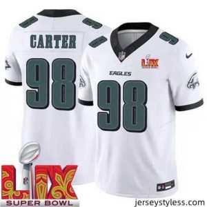 Gorgeous Philadelphia Eagles Jalen Carter #98 White 2024 2025 Super Bowl LIX F.U.S.E Stitched NFL Jersey